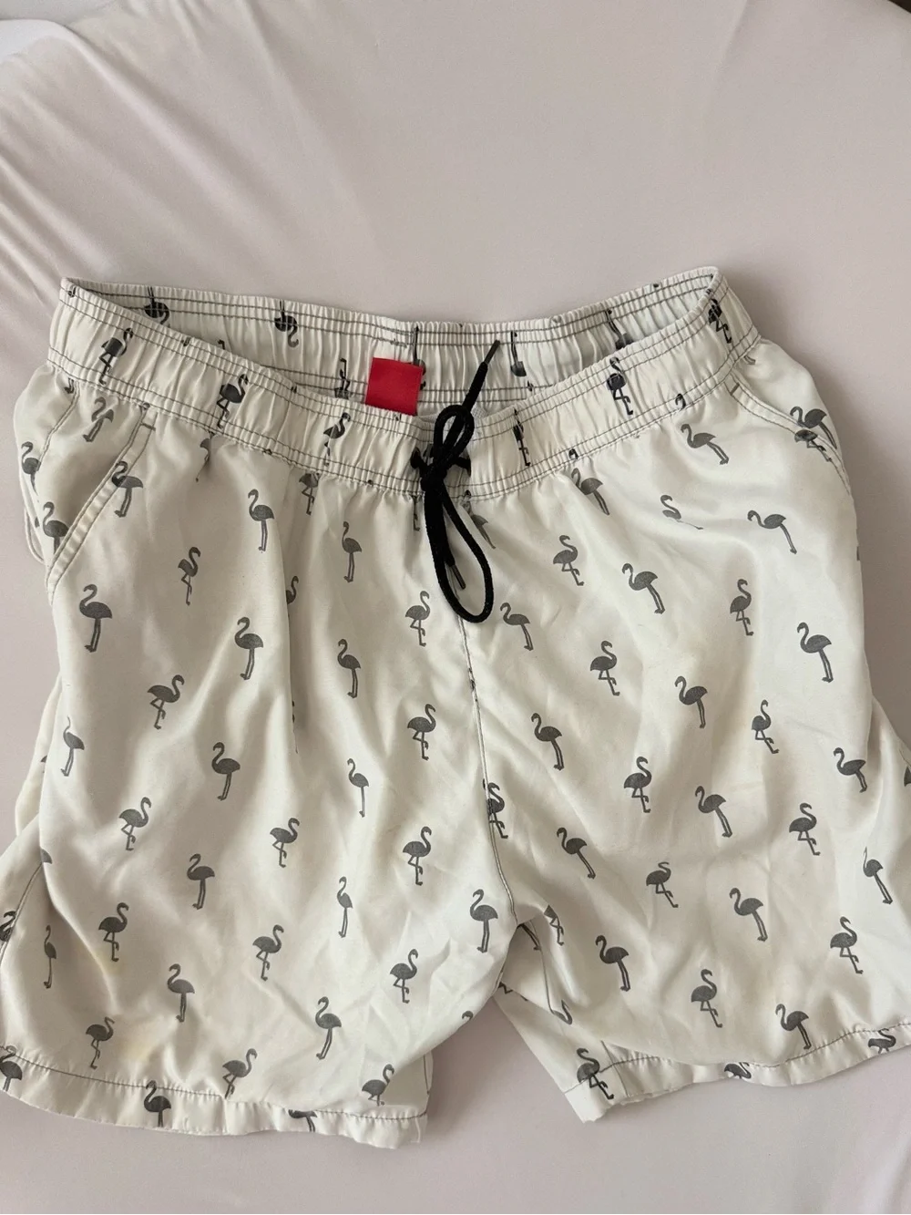 White mens Swim Trunks with Black Flamingo Print